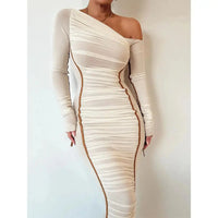 Women Two Layer Mesh Backless Ruched bodycon dress Club Party Sexy Long Dress Diagonal Collar Long Sleeve Midi Dress