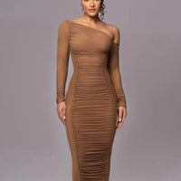 Women Two Layer Mesh Backless Ruched Bodycon Club Party Sexy Long Dress Diagonal Collar Long Sleeve Midi Dress My Store