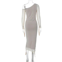 Women Two Layer Mesh Backless Ruched Bodycon Club Party Sexy Long Dress Diagonal Collar Long Sleeve Midi Dress My Store