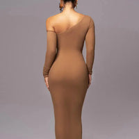 Women Two Layer Mesh Backless Ruched Bodycon Club Party Sexy Long Dress Diagonal Collar Long Sleeve Midi Dress My Store