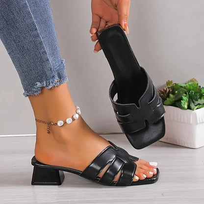 Women's Fashion Large Size Slippers Summer New Square Head Hollow Breathable Soft Bottom Temperament Low Heel Sandals Natalia Home Fashion    Natalia Home Fashion