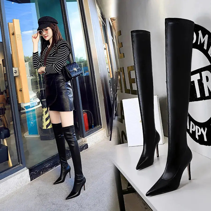 Women's High-Heeled Pointed Sexy Slim Boots Stretch Black Super Long Mid-Tube Boots My Store
