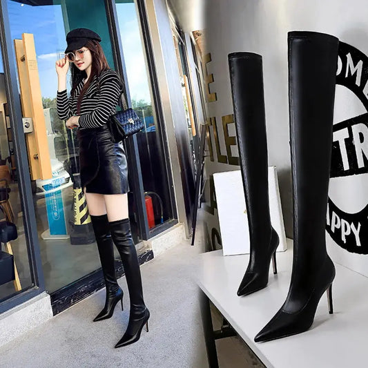 Women's High-Heeled Pointed Sexy Slim Boots Stretch Black Super Long Mid-Tube Boots My Store