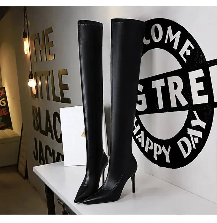 Women's High-Heeled Pointed Sexy Slim Boots Stretch Black Super Long Mid-Tube Boots My Store
