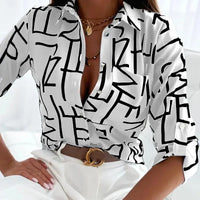 Women's Office Top Long Sleeve Shirt Printed Fashion Casual Flower Polo Shirt Women Natalia Home Fashion   E-S Natalia Home Fashion