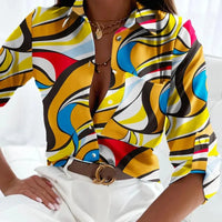 Women's Office Top Long Sleeve Shirt Printed Fashion Casual Flower Polo Shirt Women Natalia Home Fashion   A-S Natalia Home Fashion