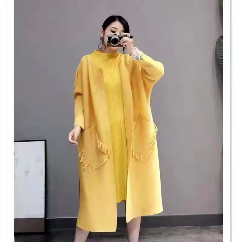 2026 miyake pleated fringe long coat  new over-the-knee pleated mid-length trench coat pressed  cardigan Natalia Home Fashion    Natalia Home Fashion