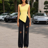 Spring Summer Elegant Stylish Daily Dating Casual Women's Sleeveless Tops Side Ruched Asymmetric Hem One-Shoulder Cut out