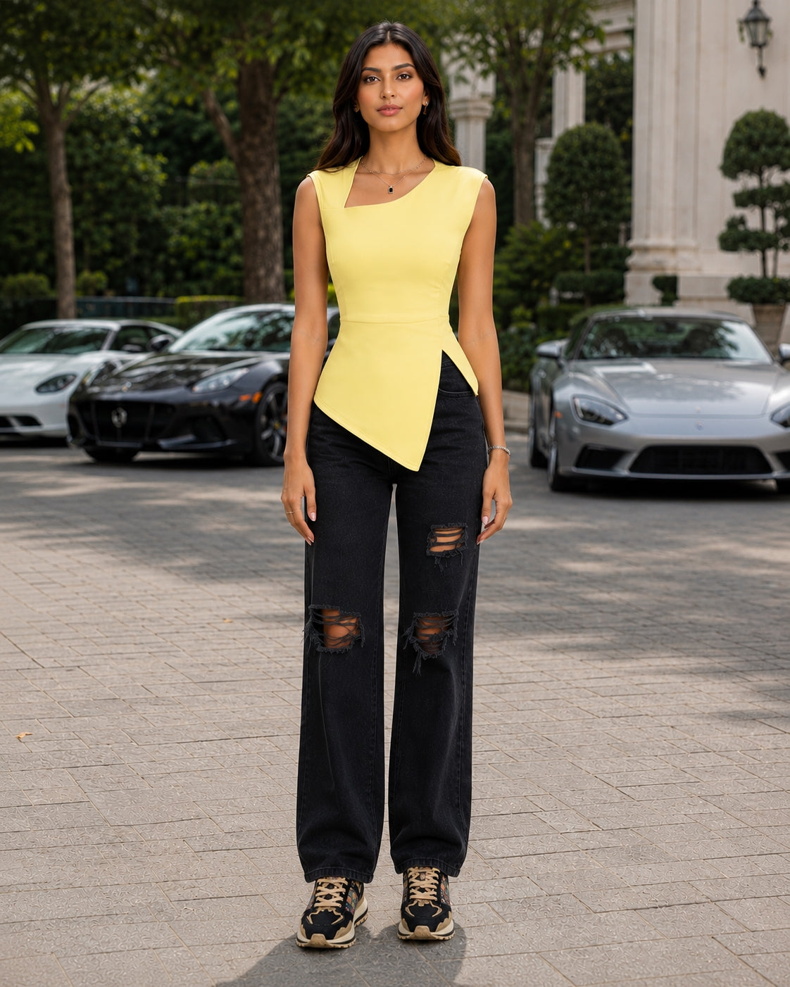 Spring Summer Elegant Stylish Daily Dating Casual Women's Sleeveless Tops Side Ruched Asymmetric Hem One-Shoulder Cut out