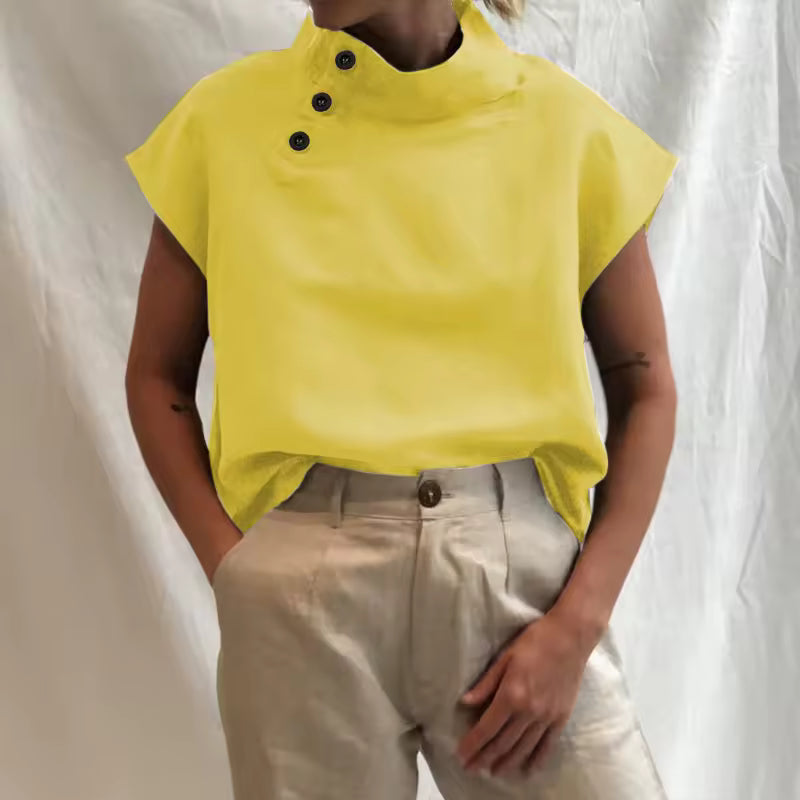 Women Cotton Linen Stand Collar Blouses Cap Sleeves Solid Color Loose Fit Casual Fashion Female Shirts Tops