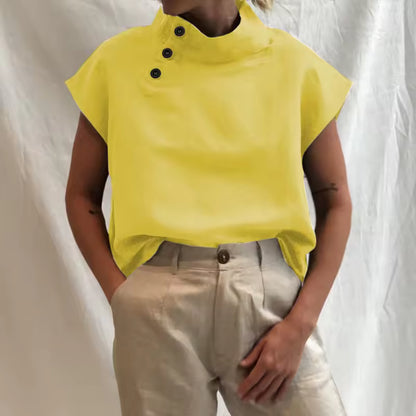 Women Cotton Linen Stand Collar Blouses Cap Sleeves Solid Color Loose Fit Casual Fashion Female Shirts Tops