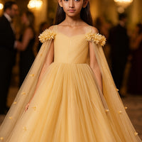 Girls' Off Shoulder Long Cape Dress, Solid Color Mesh Wedding Flower Girl Birthday Party Princess Dress for Young Girl