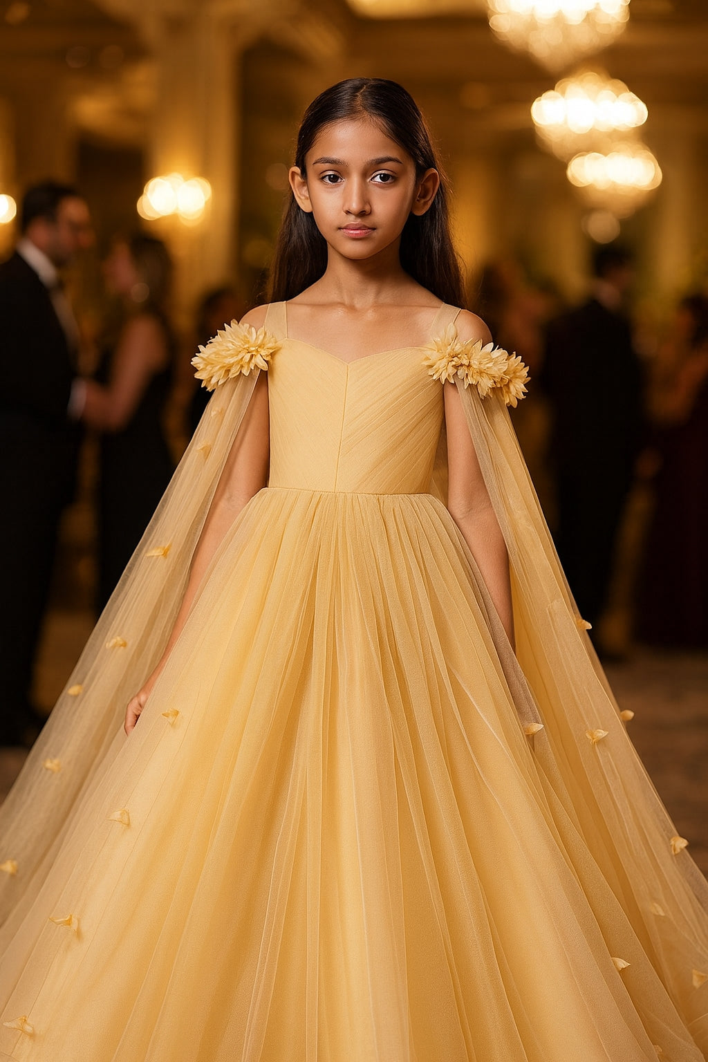 Girls' Off Shoulder Long Cape Dress, Solid Color Mesh Wedding Flower Girl Birthday Party Princess Dress for Young Girl