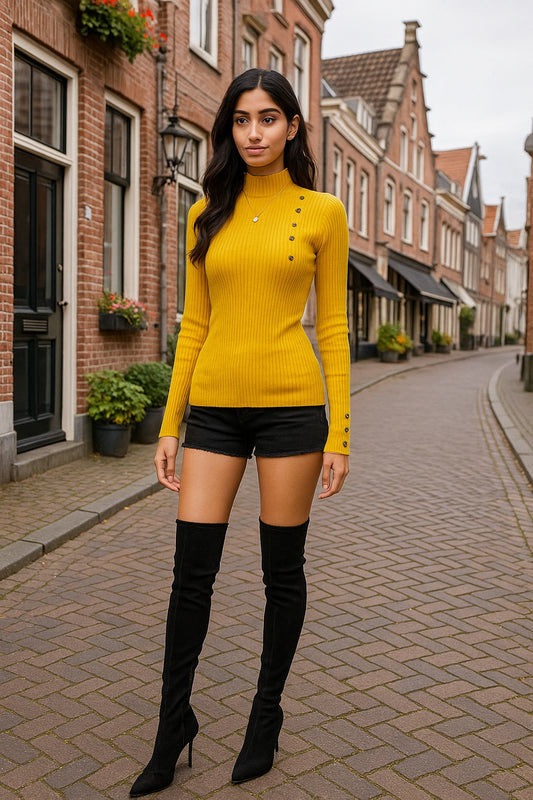 Half High Neck Sweater Women's New Style Pullover Knit Sweater with Button Up Long Sleeves Slim Fit Tight Fitting Bottom Shirt