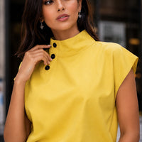 Women Cotton Linen Stand Collar Blouses Cap Sleeves Solid Color Loose Fit Casual Fashion Female Shirts Tops