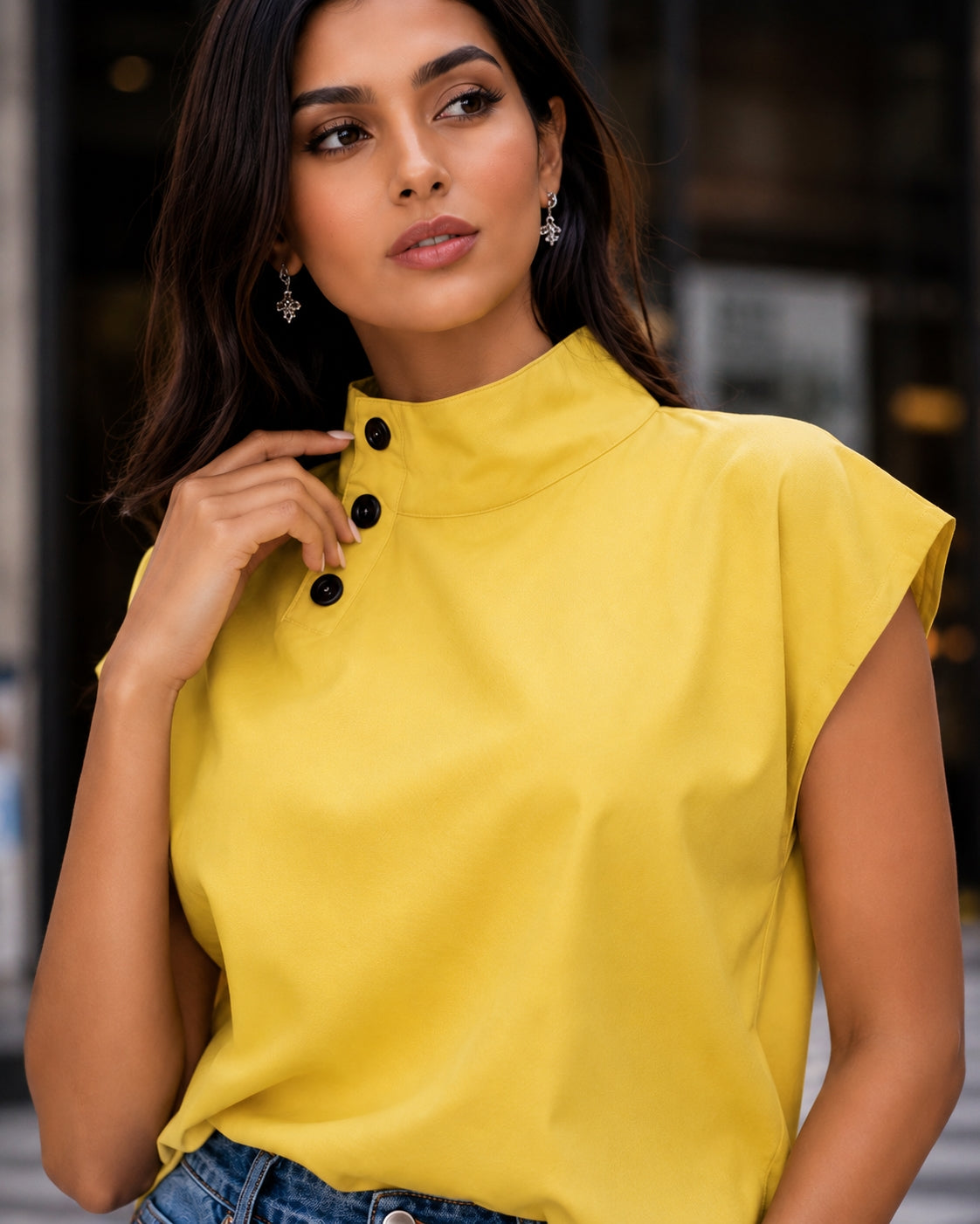 Women Cotton Linen Stand Collar Blouses Cap Sleeves Solid Color Loose Fit Casual Fashion Female Shirts Tops