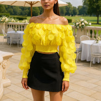 Fashion Women's Shirt Floral Pattern Shirred Sheer Mesh Patch Long Sleeve Off The Shoulder Gigot Sleeve Top