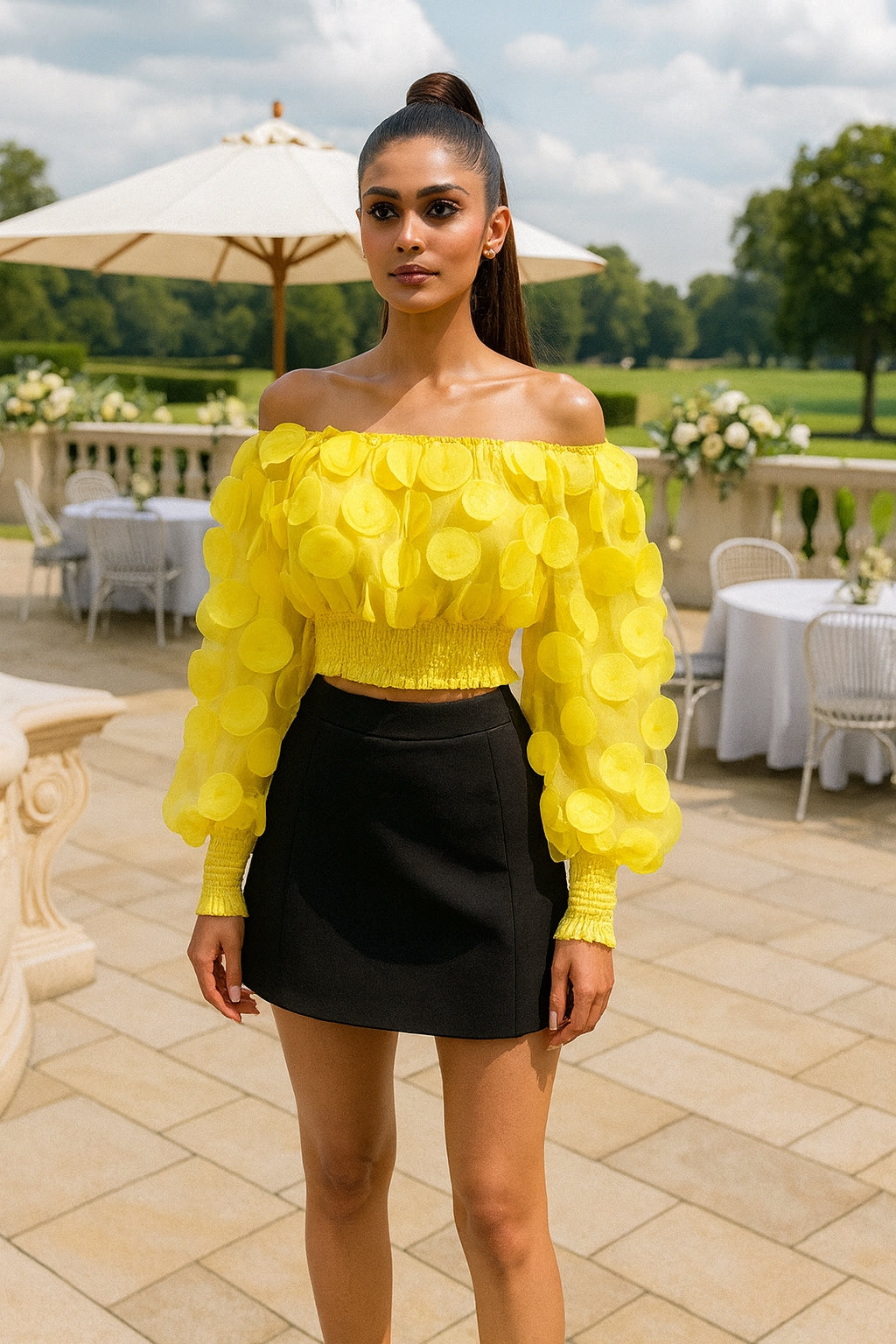 Fashion Women's Shirt Floral Pattern Shirred Sheer Mesh Patch Long Sleeve Off The Shoulder Gigot Sleeve Top