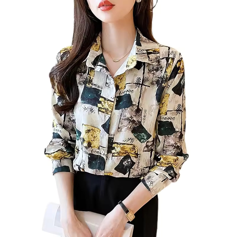 Print Lady Blouse Buttons Long Sleeve Sateen Shirt Elegant Fashion All-match Blouse Top Women
