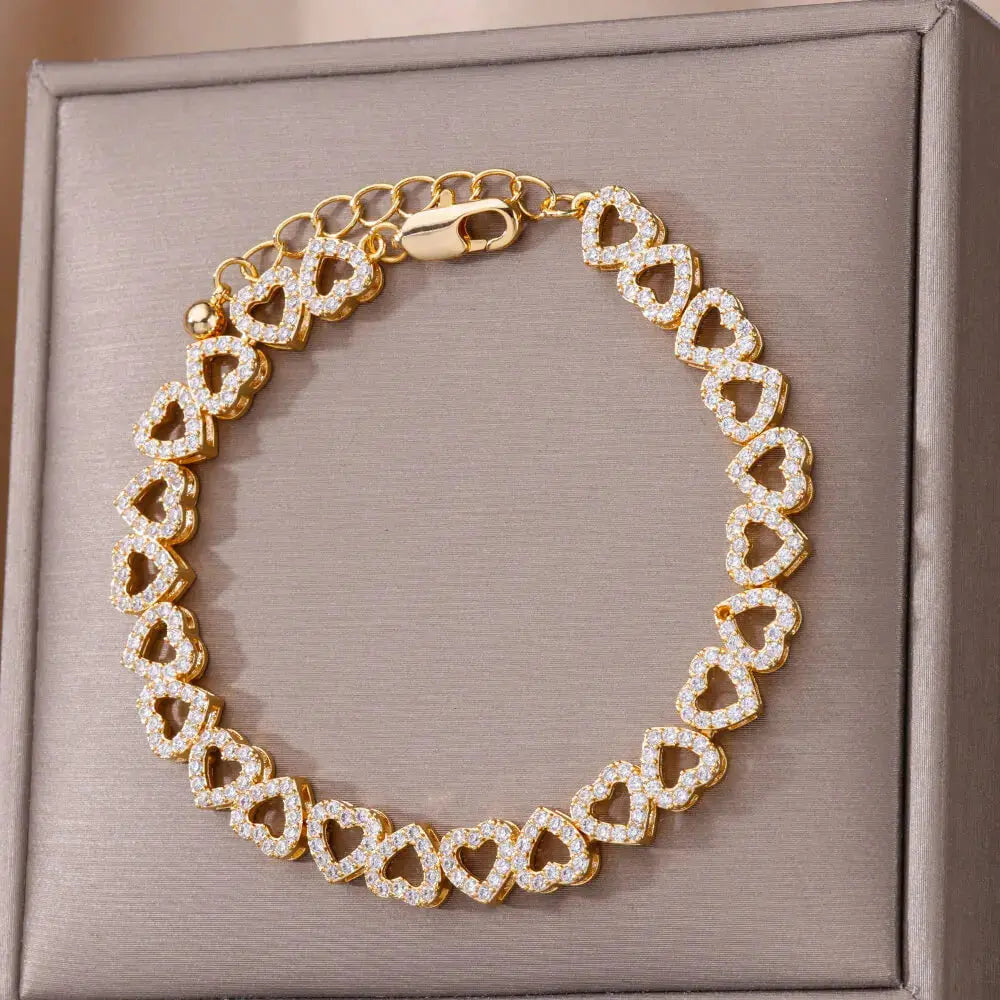 Zircon Heart Bracelets For Women Stainless Steel Gold Color Heart Charm Bracelet Luxury Wedding Jewelry Natalia Home Fashion    Natalia Home Fashion