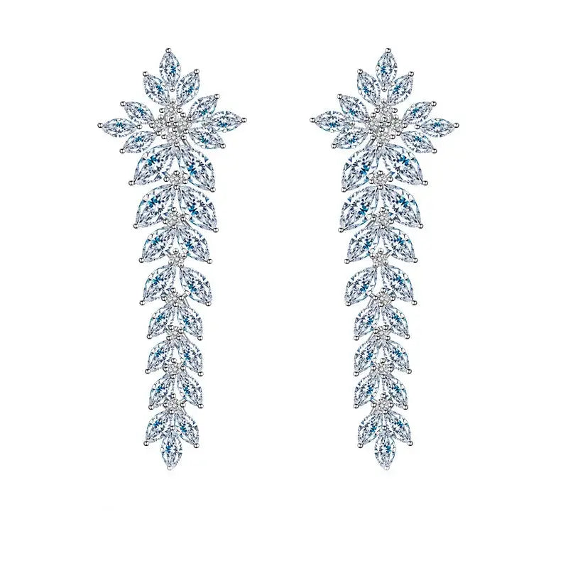 Zircons Sparkling Cubic Zirconia Paved Long Leaf Drop Dangle Wedding Earrings for Women Dinner Party Dress Jewelry Natalia Home Fashion    Natalia Home Fashion