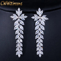Zircons Sparkling Cubic Zirconia Paved Long Leaf Drop Dangle Wedding Earrings for Women Dinner Party Dress Jewelry Natalia Home Fashion    Natalia Home Fashion