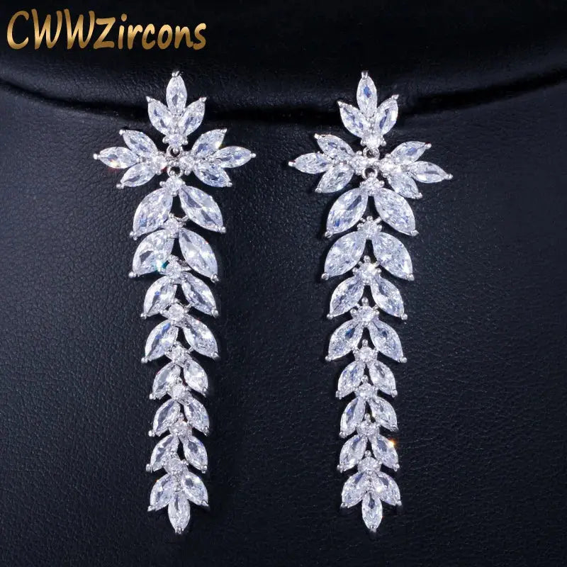 Zircons Sparkling Cubic Zirconia Paved Long Leaf Drop Dangle Wedding Earrings for Women Dinner Party Dress Jewelry Natalia Home Fashion    Natalia Home Fashion