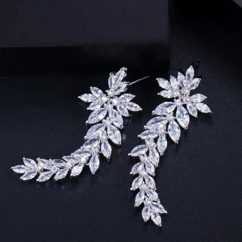 Zircons Sparkling Cubic Zirconia Paved Long Leaf Drop Dangle Wedding Earrings for Women Dinner Party Dress Jewelry Natalia Home Fashion    Natalia Home Fashion