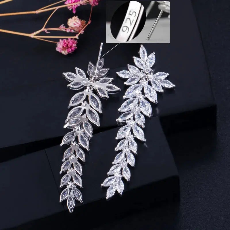 Zircons Sparkling Cubic Zirconia Paved Long Leaf Drop Dangle Wedding Earrings for Women Dinner Party Dress Jewelry Natalia Home Fashion    Natalia Home Fashion