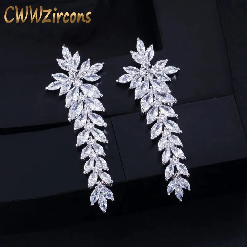 Zircons Sparkling Cubic Zirconia Paved Long Leaf Drop Dangle Wedding Earrings for Women Dinner Party Dress Jewelry Natalia Home Fashion   white Natalia Home Fashion