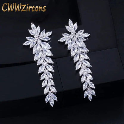 Zircons Sparkling Cubic Zirconia Paved Long Leaf Drop Dangle Wedding Earrings for Women Dinner Party Dress Jewelry Natalia Home Fashion   white Natalia Home Fashion