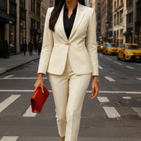 Women's Slim Fit Blazer Suit Fashion Solid Color Single Button Jacket Office Lady Coat and Pants