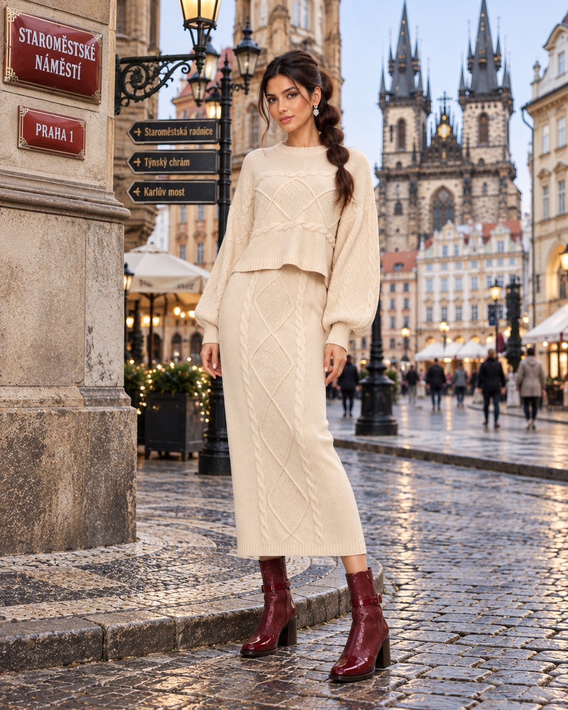 Women's clothing 2-piece set, fashionable twist rope long skirt + crew neck sweater two-piece set Natalia Home Fashion    Natalia Home Fashion