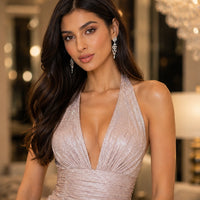 Cross-Border New Sexy Slit Dress, Fashionable and Elegant V-Neck Halter Neck Shimmering Dress Gown