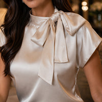 Women's Satin Short-Sleeve Blouse with Tie Collar Large Bow