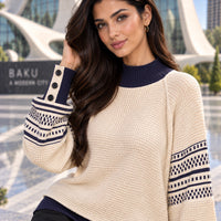 Women Mock Neck Knit Sweater Color Block Geometric Pattern Raglan Long Sleeve Button Cuff Loose Fall Winter Pullover Jumper Natalia Home Fashion    Natalia Home Fashion