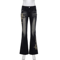 Embroidered Washed Old Jeans Women's Autumn Butterfly Slim-fitting and Thin Casual Micro-pull Pants Natalia Home Fashion    Natalia Home Fashion