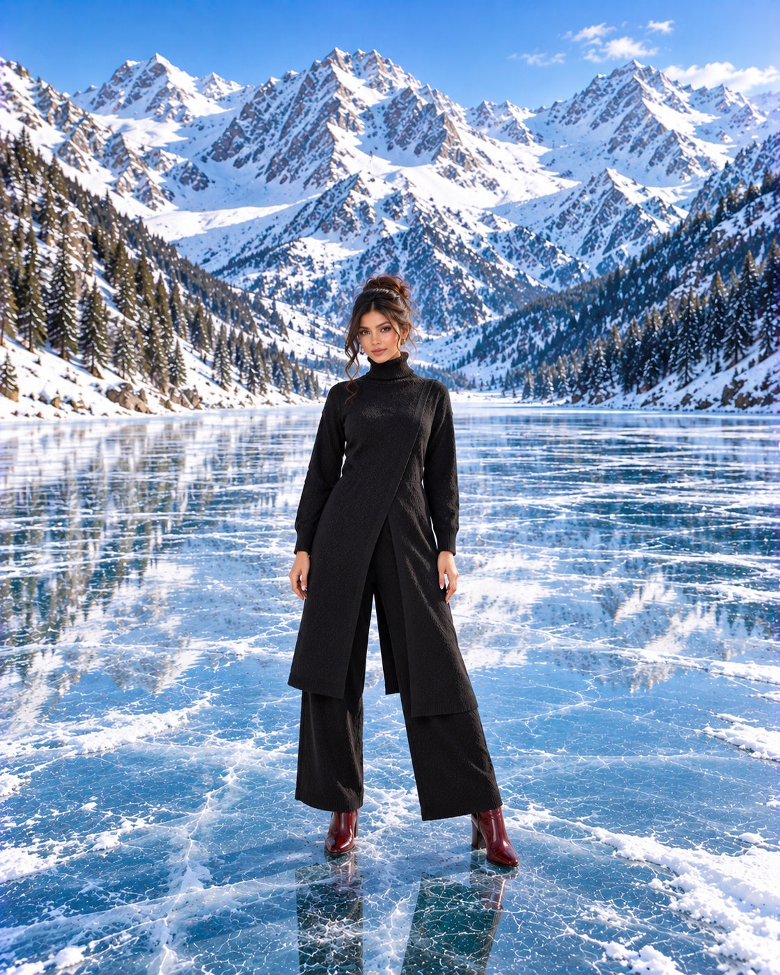 Women Knitted 2 Pieces Set Turtleneck Long Pullovers Sweaters & Wide Leg Pants Thicken Warm Sweater Sets Natalia Home Fashion    Natalia Home Fashion
