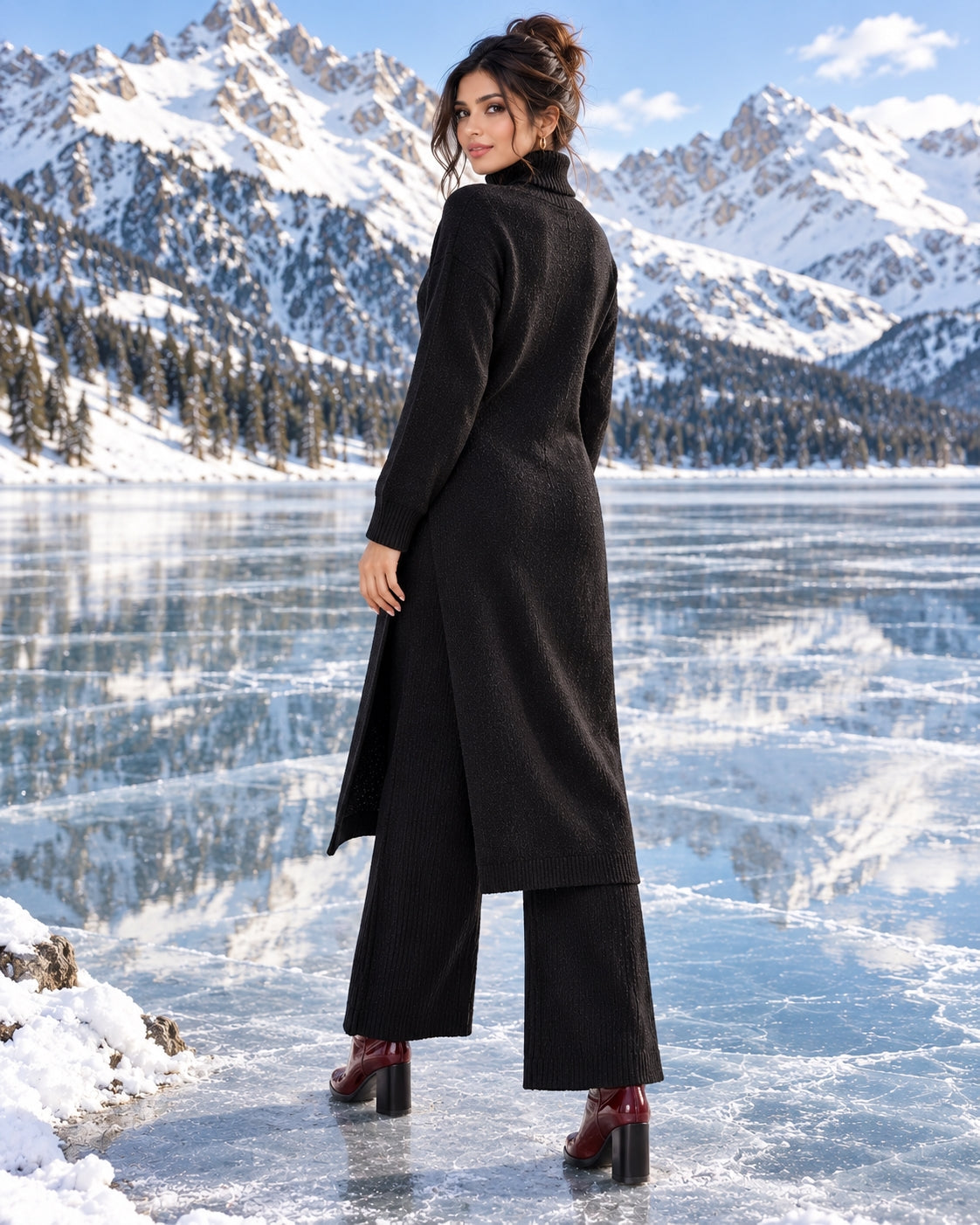 Women Knitted 2 Pieces Set Turtleneck Long Pullovers Sweaters & Wide Leg Pants Thicken Warm Sweater Sets Natalia Home Fashion    Natalia Home Fashion