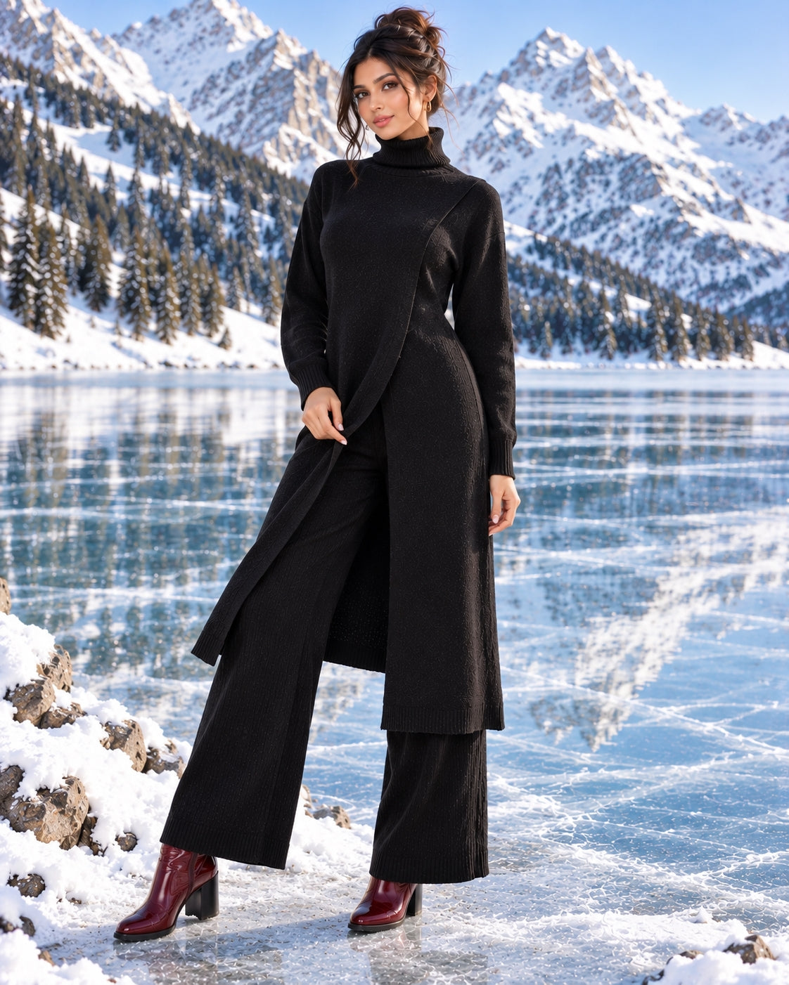 Women Knitted 2 Pieces Set Turtleneck Long Pullovers Sweaters & Wide Leg Pants Thicken Warm Sweater Sets Natalia Home Fashion    Natalia Home Fashion