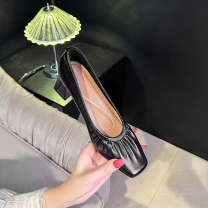 Women's Square Head Grandmother Style Shoes Slip-On High Heel Versatile Shoes in Leather Semi formal  Footwear