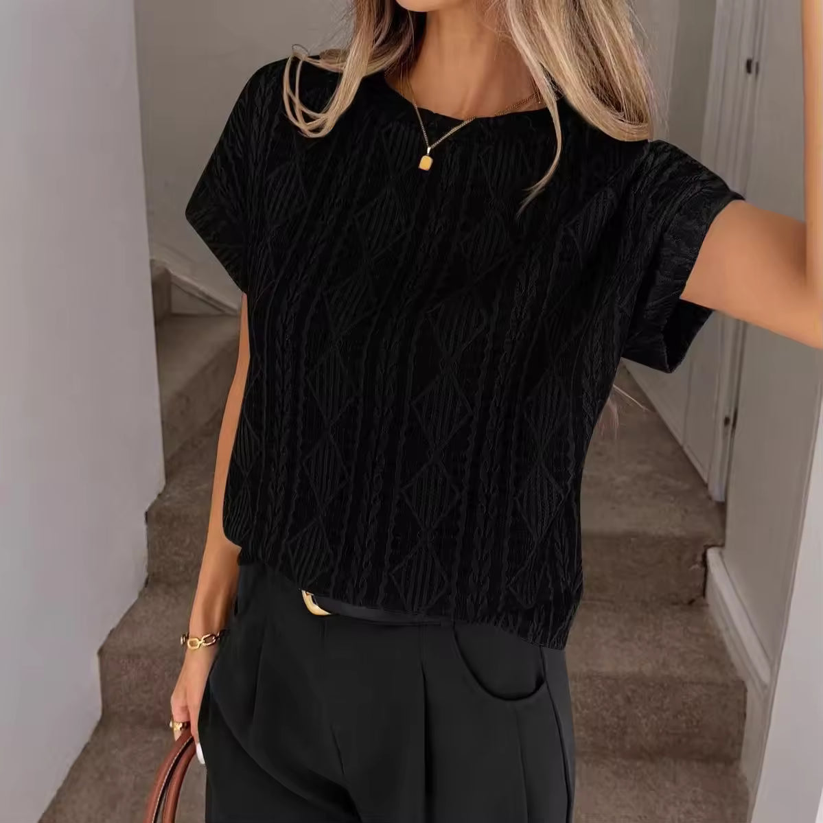 Women's Casual Round Neck Jacquard Short Sleeve Top T-shirt Leisure Commute Women Clothing