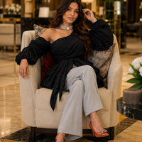 Women's Asymmetric Off-Shoulder Crop-Top Irregular Bow-Waist Puff-Sleeve Party Evening Top
