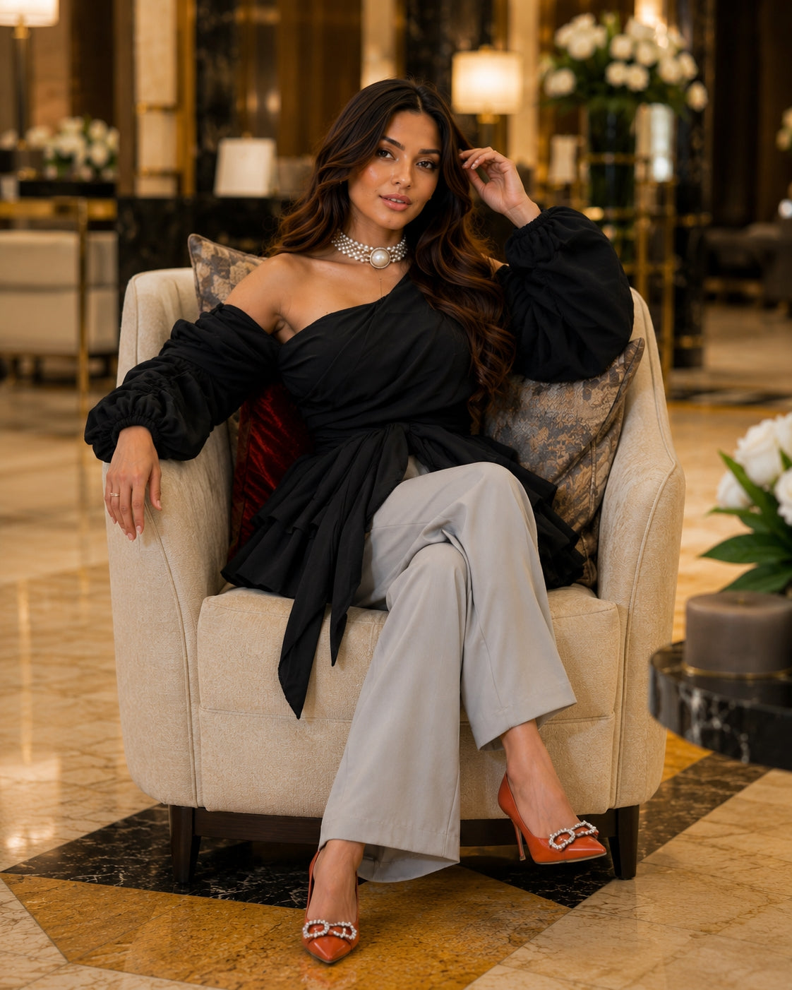 Women's Asymmetric Off-Shoulder Crop-Top Irregular Bow-Waist Puff-Sleeve Party Evening Top