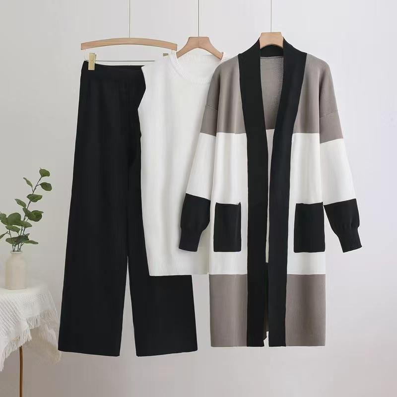Women's 3PC Knit Set - Cardigan Tank Top Wide Leg Pants  Cross-Border Outfit Natalia Home Fashion    Natalia Home Fashion