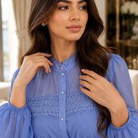 Elegant Hollow Out Organza Long Maxi Dresses Shirt Women  Layer Ruffle Full Sleeve Pearl Evening Party Dress