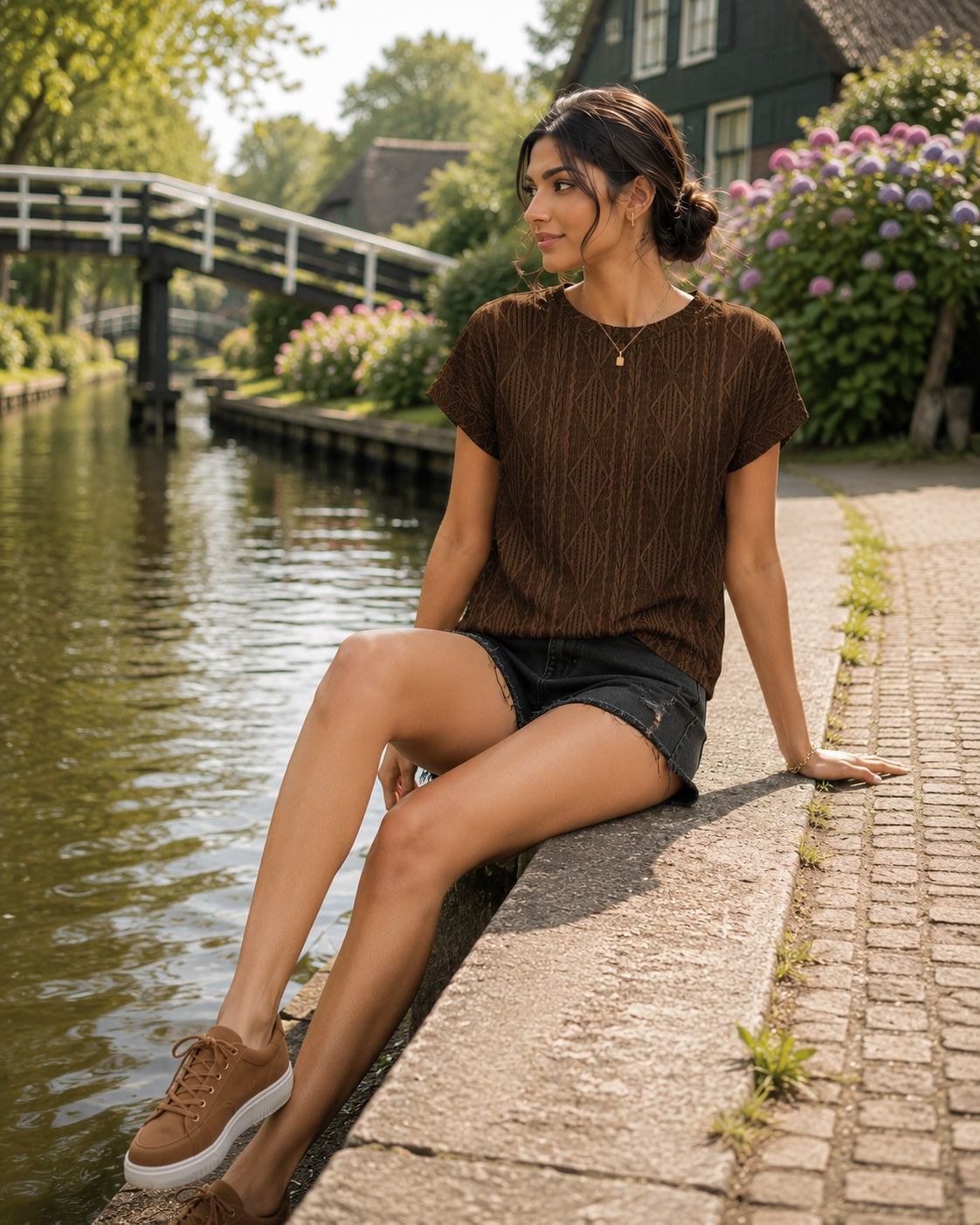Women's Casual Round Neck Jacquard Short Sleeve Top T-shirt Leisure Commute Women Clothing