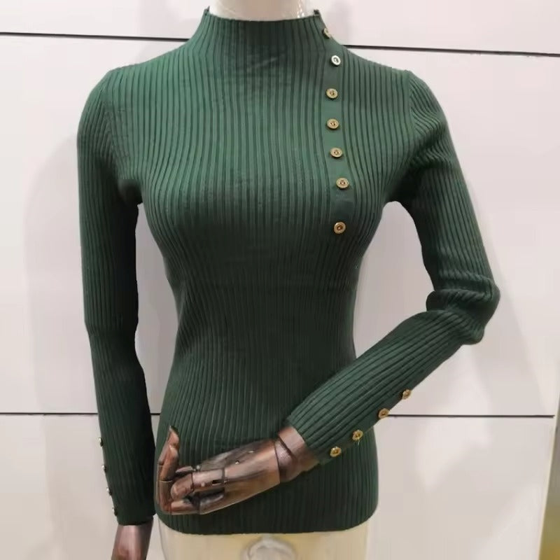 Half High Neck Sweater Women's New Style Pullover Knit Sweater with Button Up Long Sleeves Slim Fit Tight Fitting Bottom Shirt