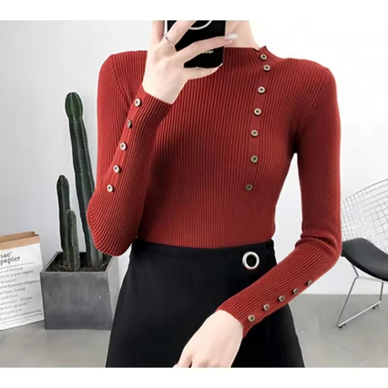 Half High Neck Sweater Women's New Style Pullover Knit Sweater with Button Up Long Sleeves Slim Fit Tight Fitting Bottom Shirt