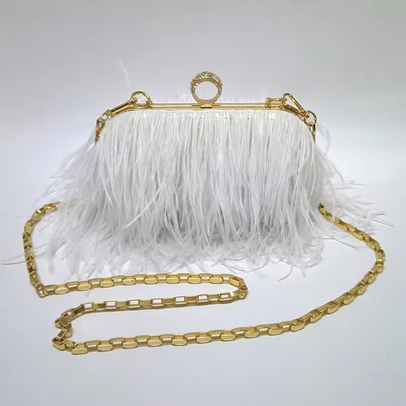 Women Ostrich Feather Clutch Purse Evening Bag Handbag Fluffy Purse Clutch Feather Evening Handbag For Wedding Anniversary Party